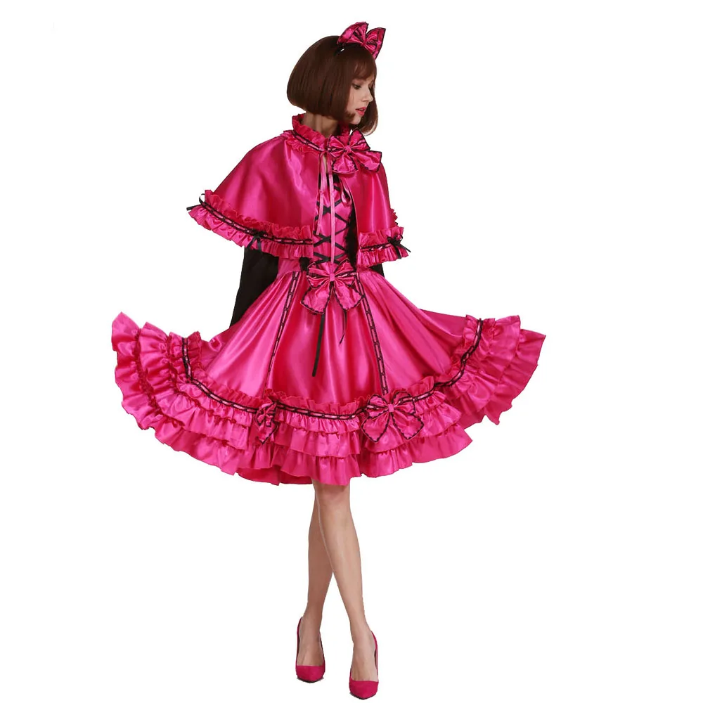 Sissy Vintage Rose Red Satin Crossdress Uniform Three Different Outfints Style In One Cosplay Costume