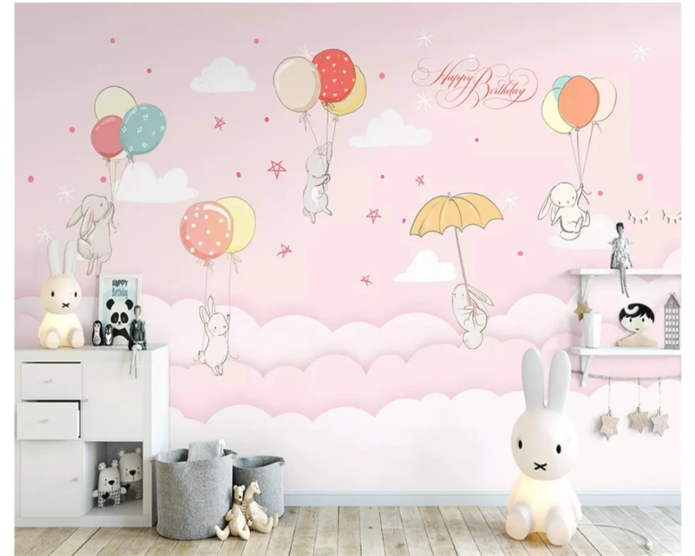 Beibehang رسمت باليد شخصية papel de parede خلفية الشمال الصغيرة الطازجة سحابة أرنب غرفة الأطفال اللوحة الزخرفية #1