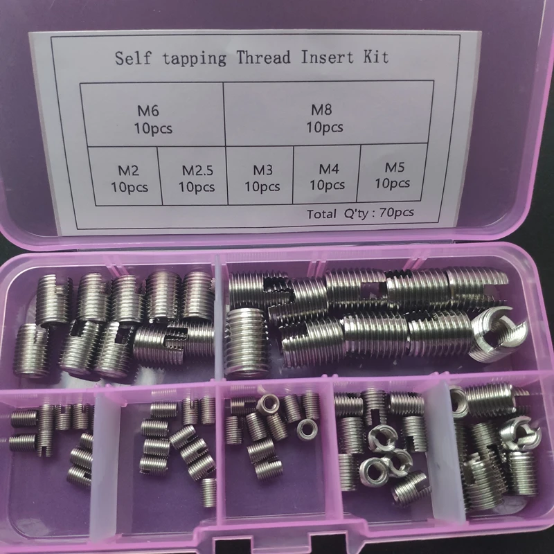 70pc/lot M2,M2.5M3,M4,M5,M6,M8 Stainless steel Self tapping Thread Insert Repair kit Self Tapping Screw Bushing Thread