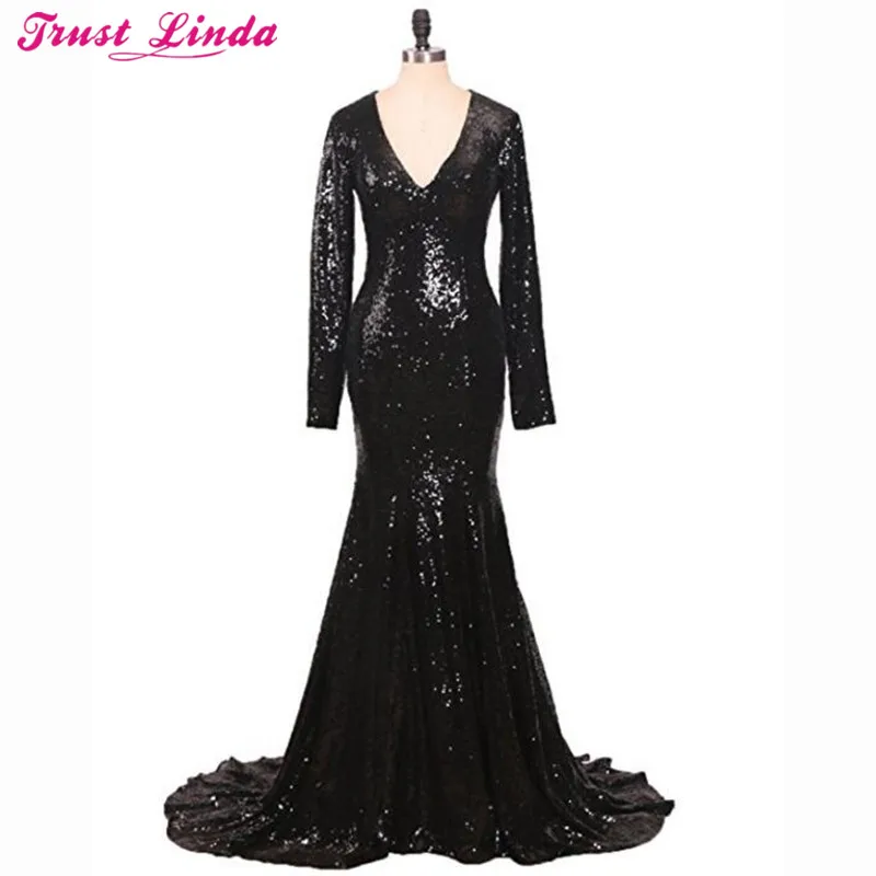 

Real Photos V-neck Sample Black Sequined Long Sleeves Mermaid Mother dresses Elegant Prom Gowns Formal Celebrity Party Dresses