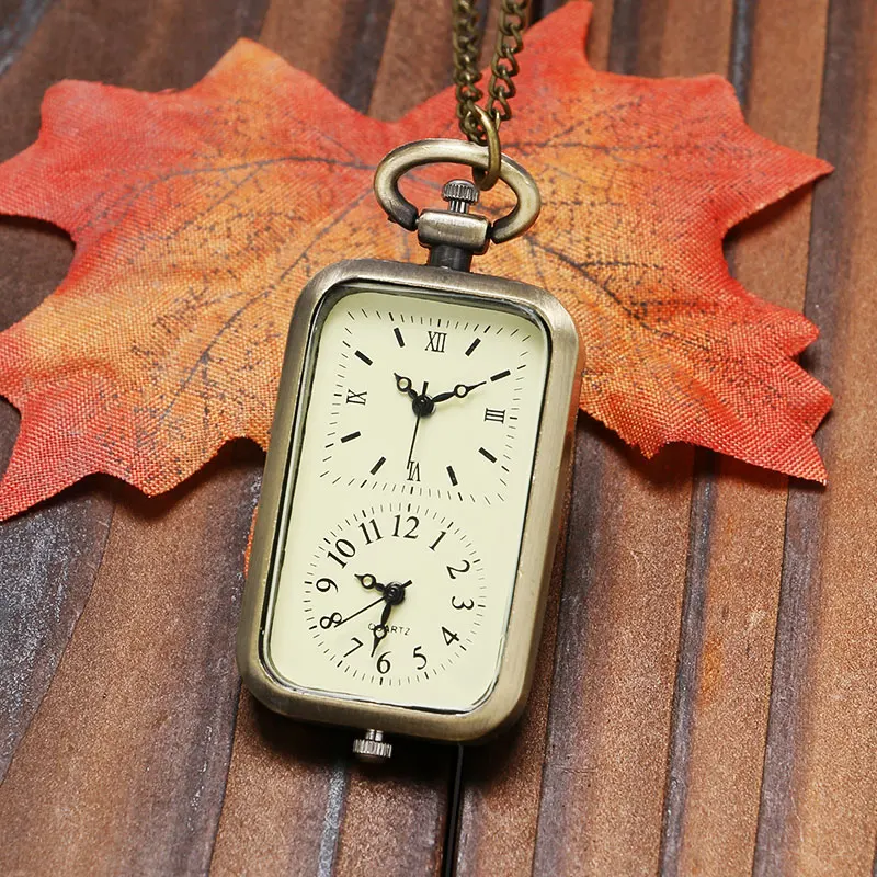 Vintage Retro brązowy miedziany zegarek kieszonkowy kwarcowy podwójny czas strefa ruch naszyjnik wisiorek Reloj De Bolsillo urodziny prezenty P11