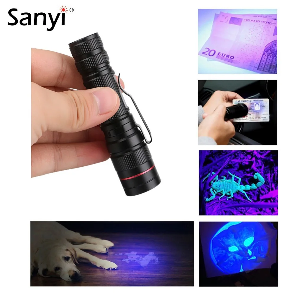 Portable Zoomable LED UV Flashlight 395nm Purple Ultra Violet Light Blacklight UV Torch Lamp AA/14500 Battery