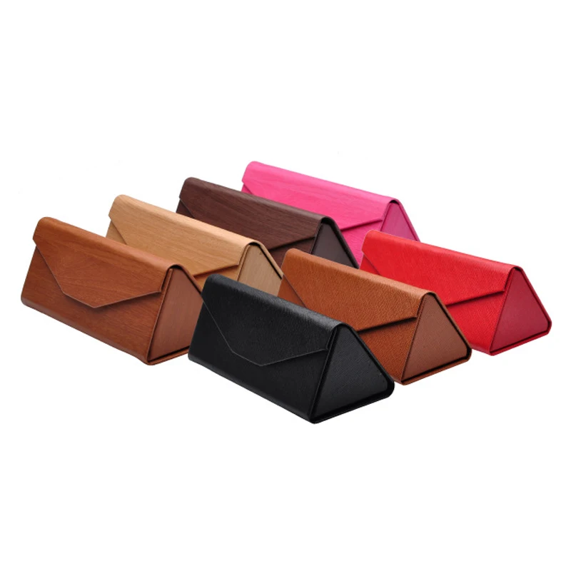 7 color Hot New High Quality PU Leather 16*6.8*6.4cm Magnet Fold Light Wood Grain Triangle Sunglasses Eyewear Cases