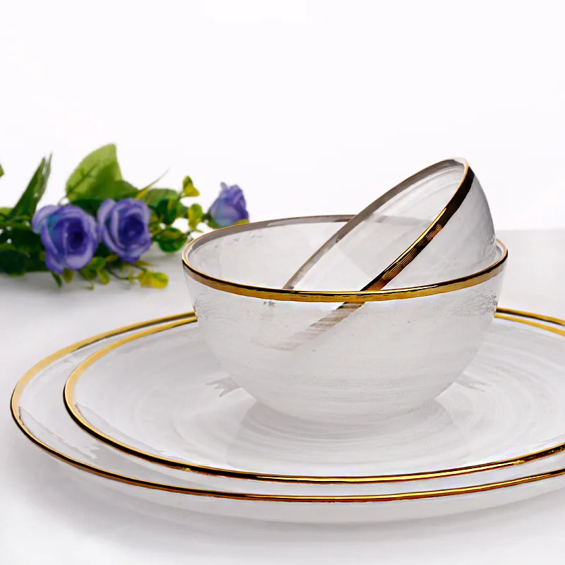 Golden Edge Glass Flat Plate Dinnerware Set, Salad Bowl, Dinner Plate, Mist Side Food Tray, Elegant Glass Tableware, Soup Bowl