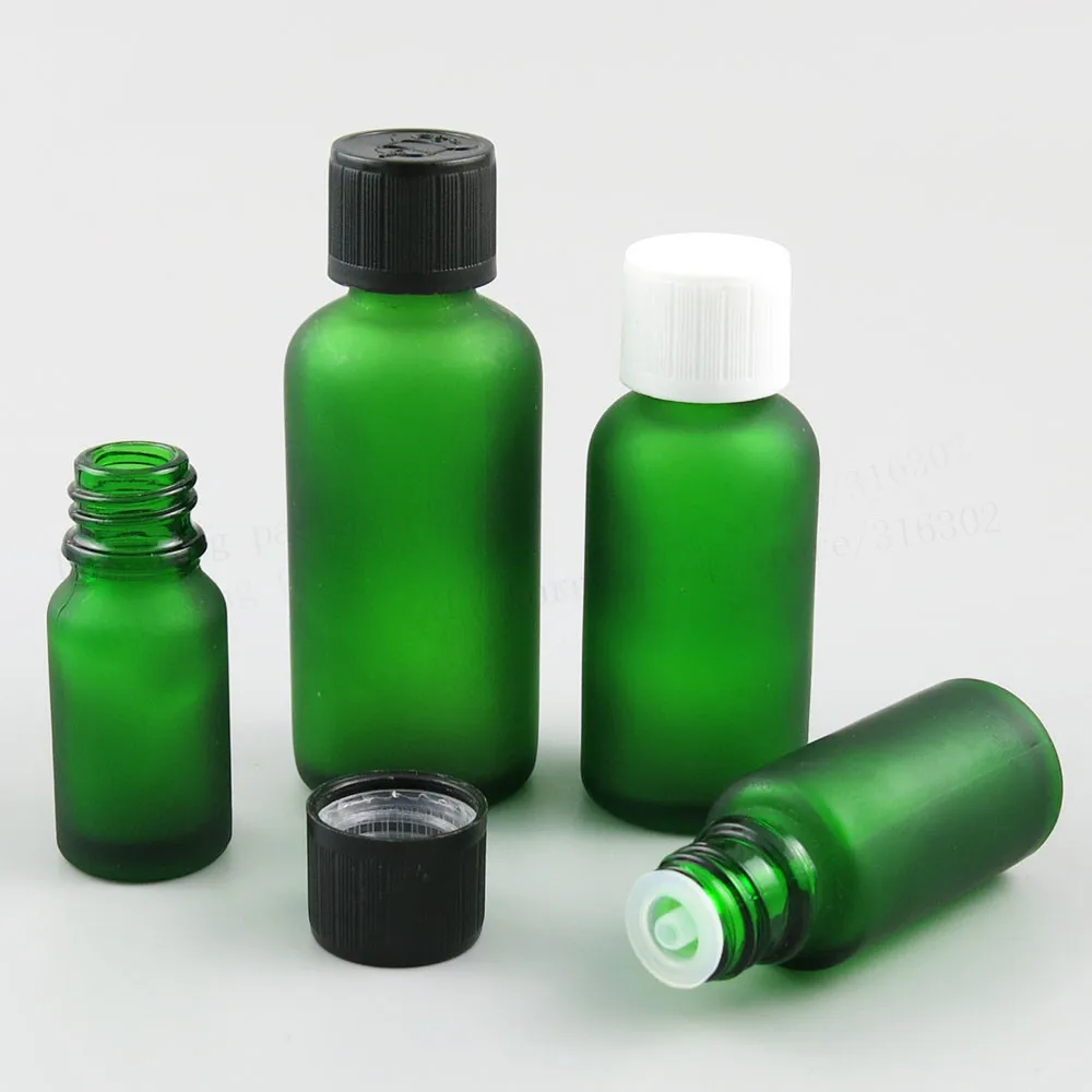 200pcs Frost Green Glass Essential Oil Bottles Container with Orifice Reducers Childprof Lids 5ml 1/3oz 2/3oz 1oz 50ml 100ml