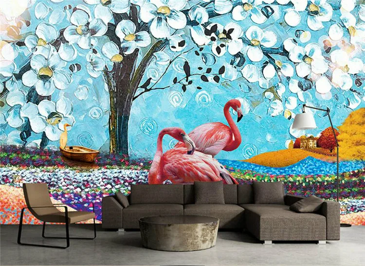 

Home Improvement 3D Wallpaper for Wall 3d Decorative Wall Paper Background Tropical Oil Painting Flamingo Wallpaper Murals