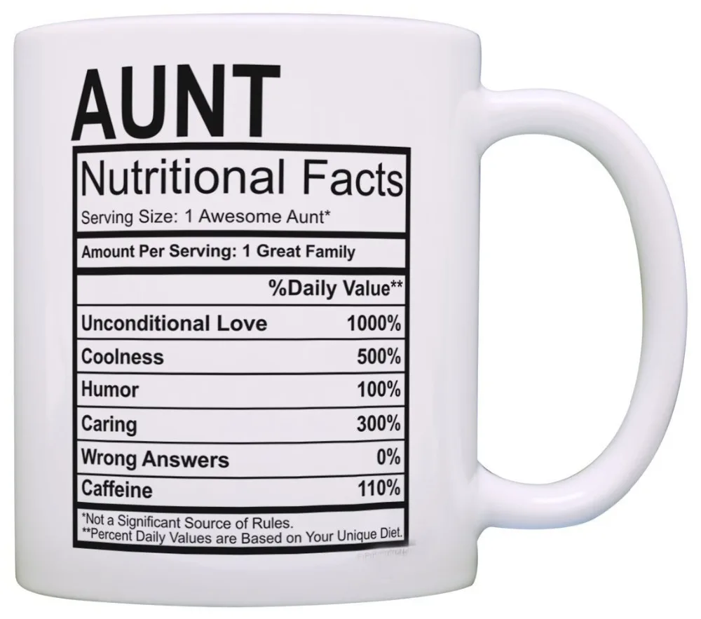 

Mothers Day Gifts for Aunt Nutritional Facts Label Funny Gifts for Aunt Gag Gift Coffee Mug Tea Cup White