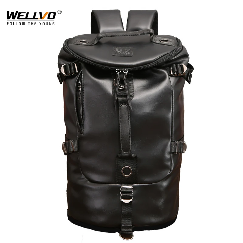 Men Bucket Backpack PU Leather Travel Bag Large Capacity Luggage Pack Male Backpacks Casual Vintage Shoulder Rucksack XA156WC