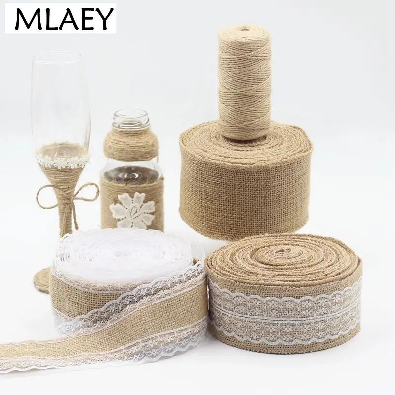 Mlaey Jute Burlap roll Hessian Ribbon with Lace Trim rustic vintage wedding decoration supplies DIY ornament burlap wedding