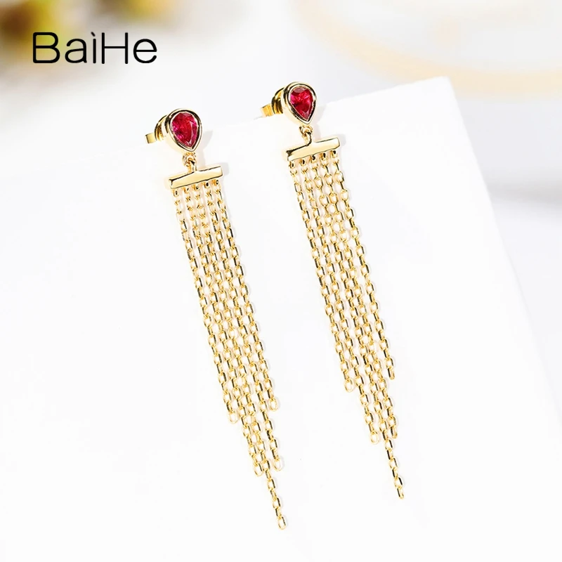 BAIHE Solid 18K Yellow Gold Pear Natural Ruby Stud earrings for women Wedding Engagement Fine Jewelry kolczyki aretes сережки