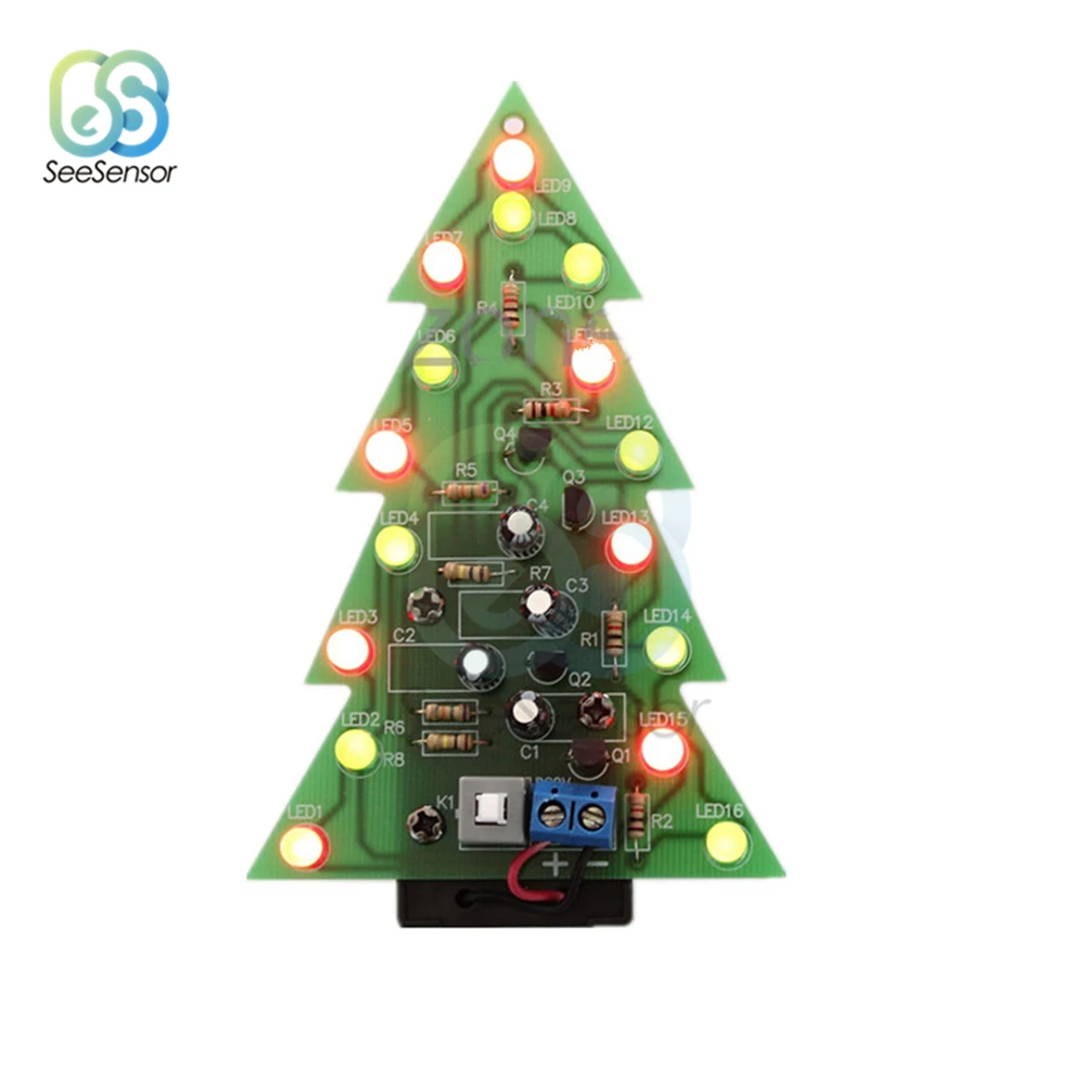 Three-Dimensional 3D Christmas Tree LED DIY Kit 7 Colors Red/Green/Yellow LED Flash Circuit Kit Electronic Suite Holiday Decor