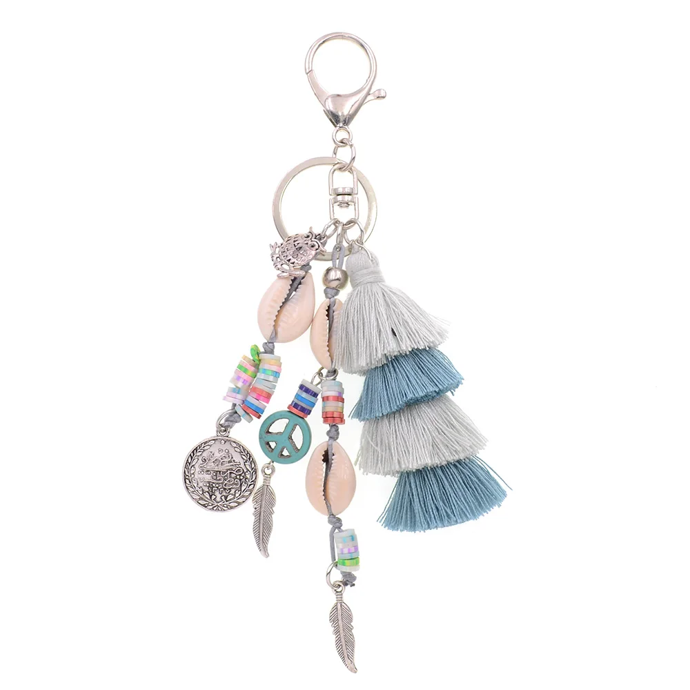 WELLMORE new handmade shell with long tassel alloy Key Chain For Women Girl Bag Keychain