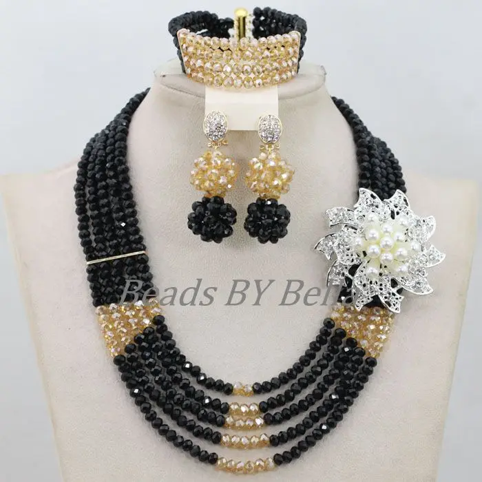 Smart 5 Layers Nigerian Party Necklace Set African Wedding Women Black Crystal Beads Bridal Jewelry Sets Free Shipping ABF777