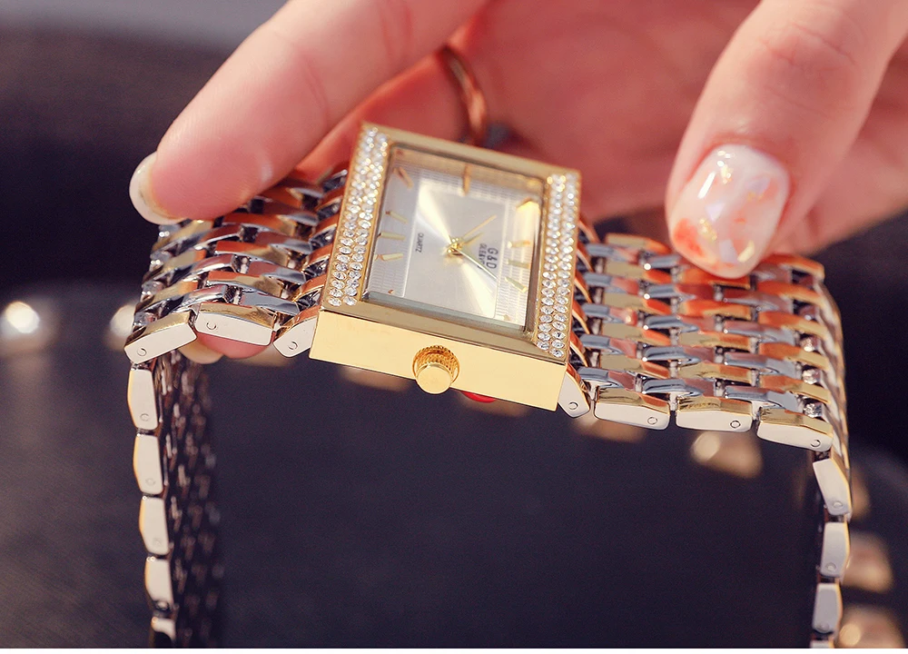 G&D Brand Women Watches Fashion Rectangle Case Quartz Clock Luxury Crystal Golden Bracelet Wristwatch Ladies Watch