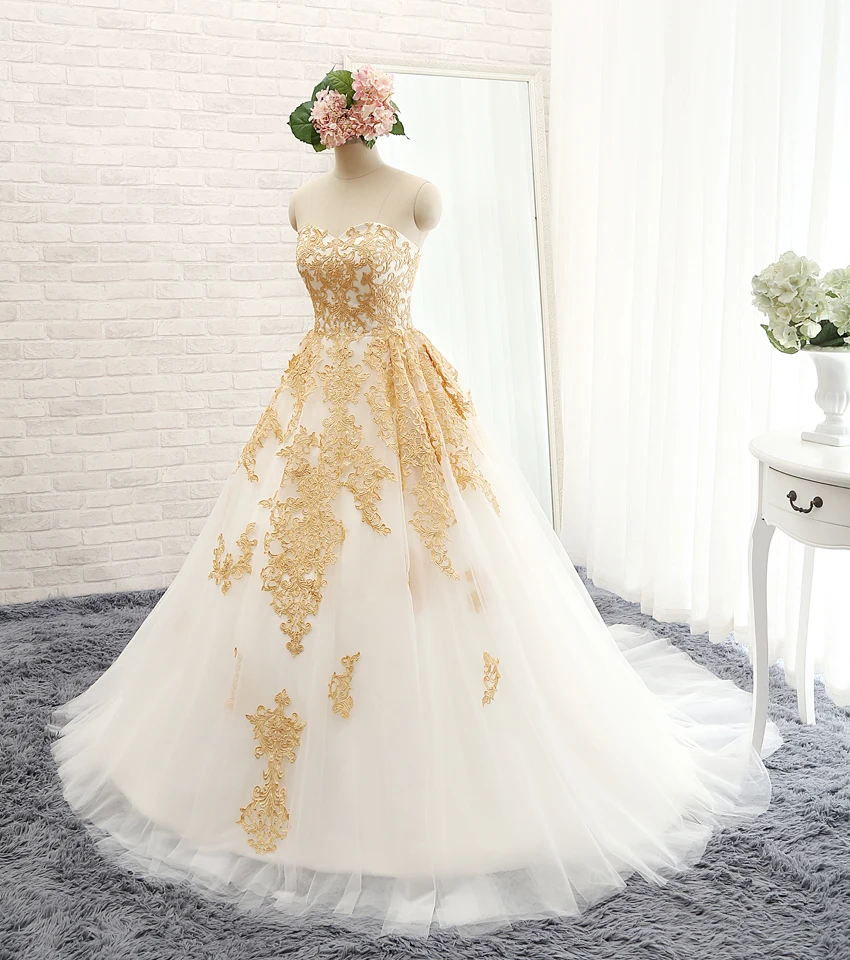 Brautkleid Ballkleid Reale Abbildungen Gold Appliques Liebsten Lace Sexy Hochzeitskleid 2018 Robe De Mariage