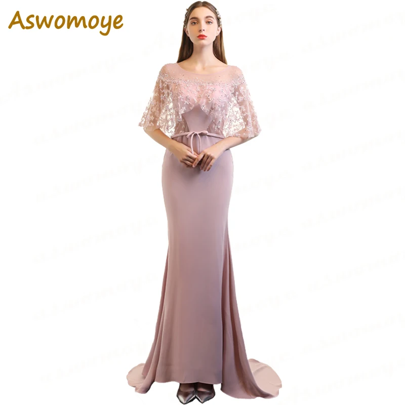 

Aswomoye Elegant Mermaid Evening Dress Long Sweep Train 2018 New Fashion Pink Prom Dress with Beading Shawl robe de soiree