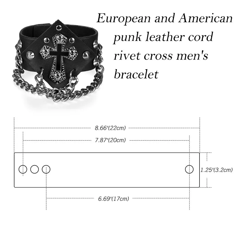 BONISKISS-pulsera de cuero con remaches negros Punk para hombres y mujeres, brazalete con picos, pulsera gótica de Cruz de Rock para joyería de