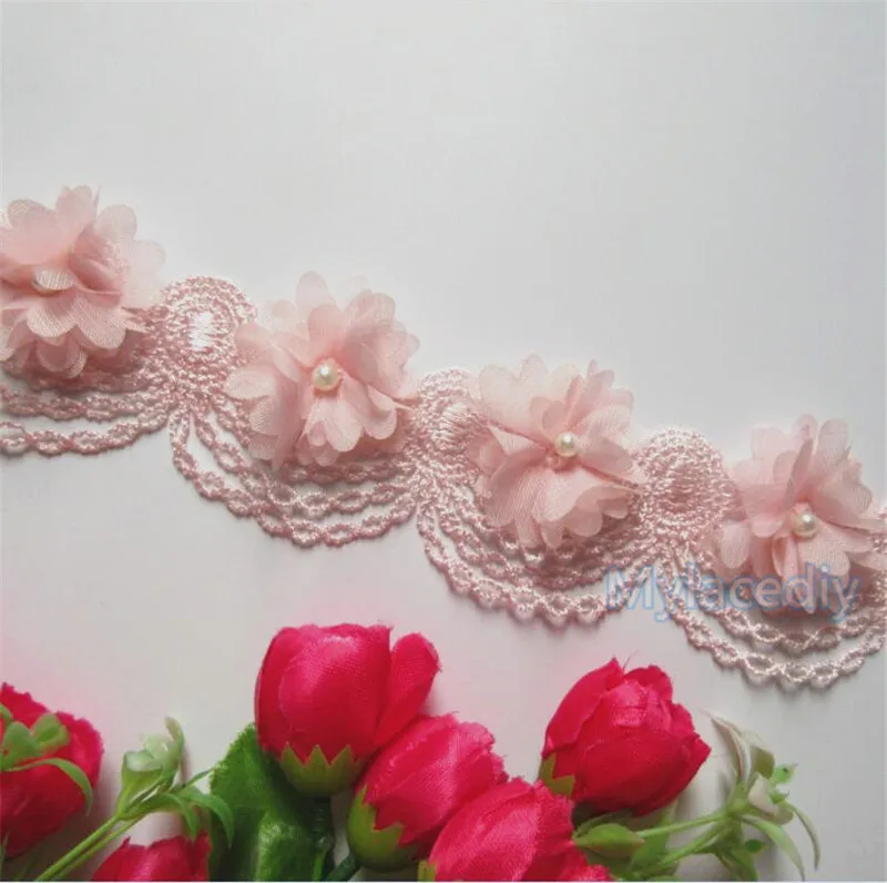 10x Pink Pearl Chiffon Flower Embroidered Lace Edge Trim Ribbon Floral Applique Fabric Handmade DIY Wedding Dress Sewing Craft