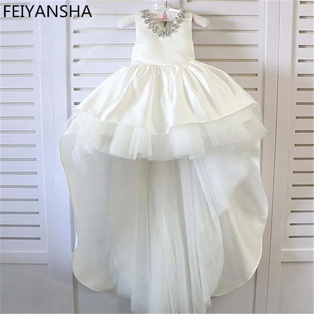 White Ivory Flower Girl Dress Kids Pageant Birthday Formal Party Lace Long Dress Bowknot First Communion Dress Prom Gown 3M-14Y