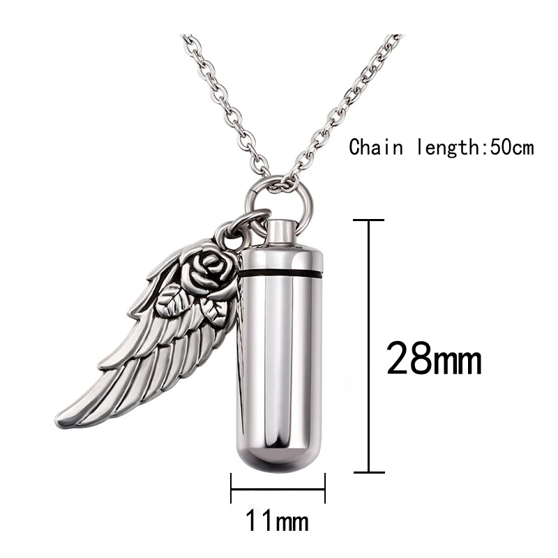 Pretty Rose flower angel wing Charm Cremation jewelry Cylinder Ash Urn Pendant Memorial Pet/Human Ashes Necklace Stainless Steel