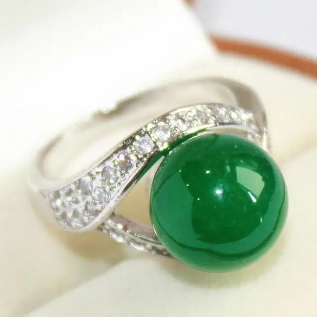 elegant lady's silver plated with crystal decorated &12mm green jade ring(#7 8 9 10)