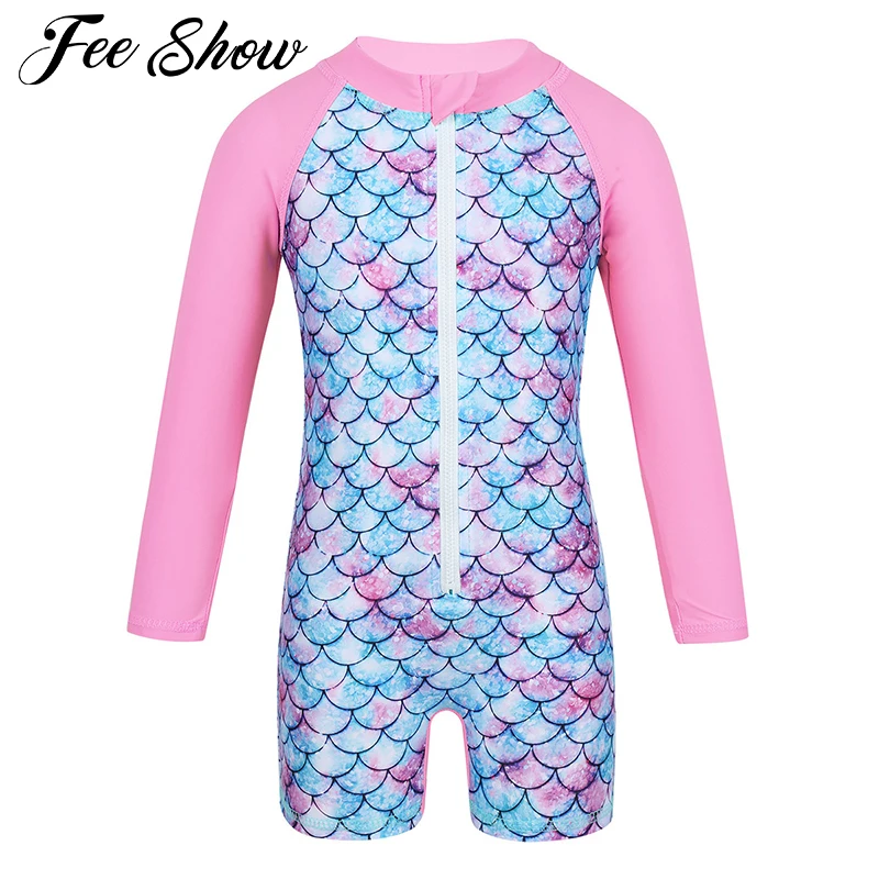 

Infant Baby Girls One-piece Long Sleeves Swimwear Mermaid Fish Scale Printed front Zipper Swimsuit Bathing Suit Rash Guard