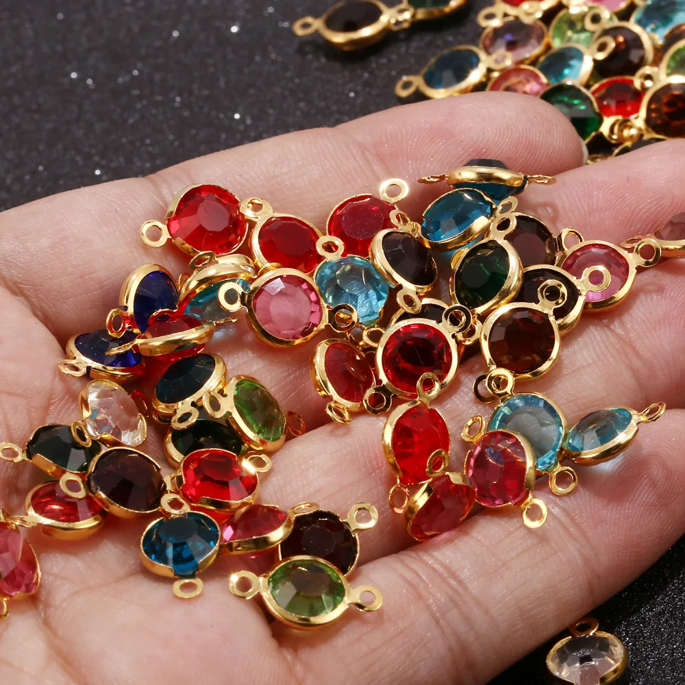 New Design 8.5mm Gold Color Stainless Steel Crystal Birthstones Connector Gem Stone Charm Beads Findings For Jewelry Making DIY