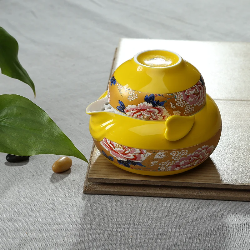 Red glaze yellow glaze ceramic tea set,travel Gai wan teaset Include 1 pot 1 cup, wealth Fantasy travel portable Gong Fu Gaiwan