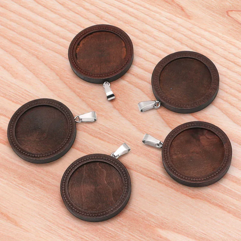 10pcs/lot 25mm Inner Size Wood and stainless steel hook Classic Simple Style Cabochon Base Setting Charms Pendant Jewelry