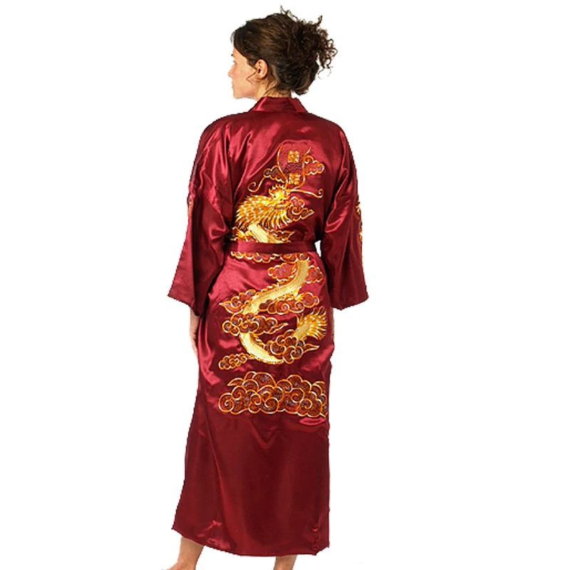 

Bath Robe Women Chinese Style Satin Robe Embroidery Dragon Gown Robe Ladies Night Robes S M L XL XXL XXXL -WR004