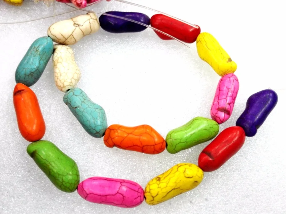 Total 16 pcs beads 12x27mm Bright multicolor mixed bead carved peanut howlite stone Loose Beads