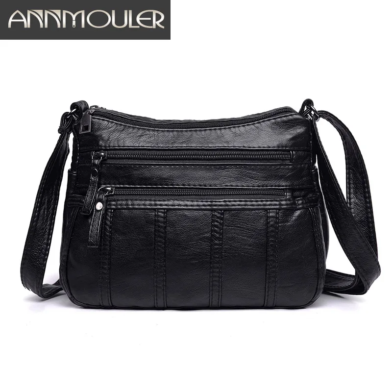 Annmouler Fashion Women Crossbody Bag Black Soft Washed Leather Shoulder Bag Patchwork Messenger Bag Small Flap Bag for Girls