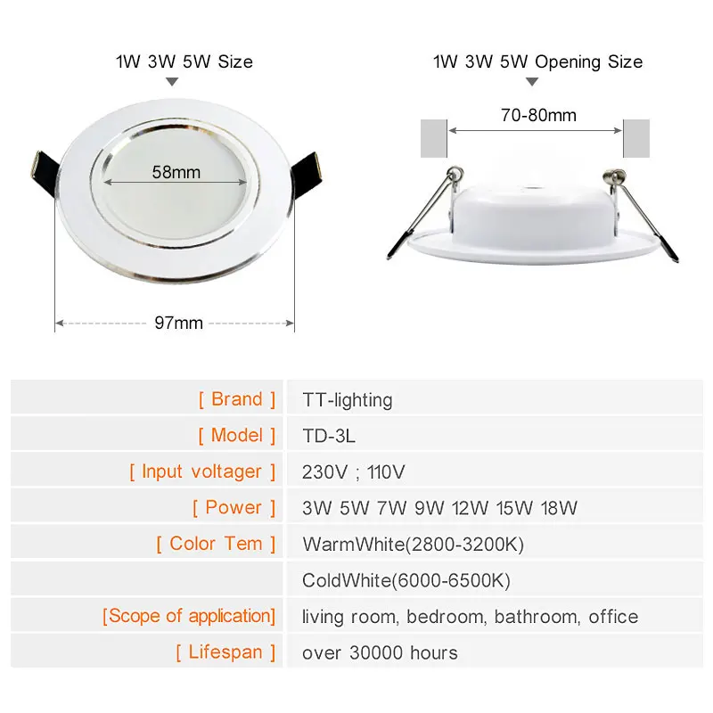 High power Led Downlight white 3W 5W 7W 9W 12W 15W 18W 220V LED Ceiling bathroom Lamps living room Home Indoor Lighting