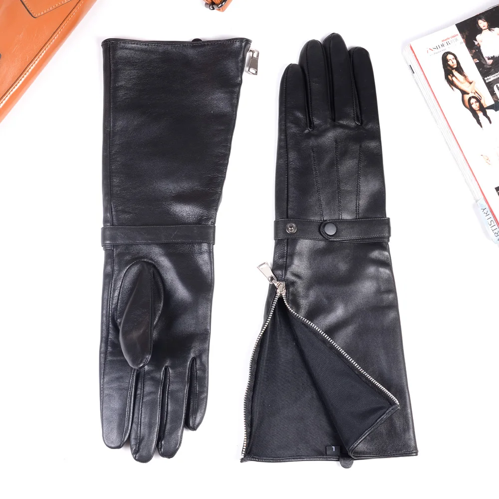 40cm männer Schwarz Schaffell Echt Leder Medieval Renaissance Lange Stulpe Zipper Ritter Gauntlet Ellenbogen Lange Handschuhe