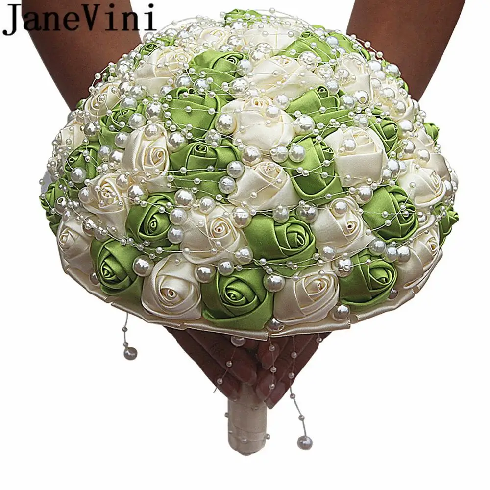 JaneVini Luxury Pearls Wedding Bouquet Blue White Bridal Bouquet Ivory Satin Rose Brooch Flowers Handmade Ramo Novia Para Lanzar