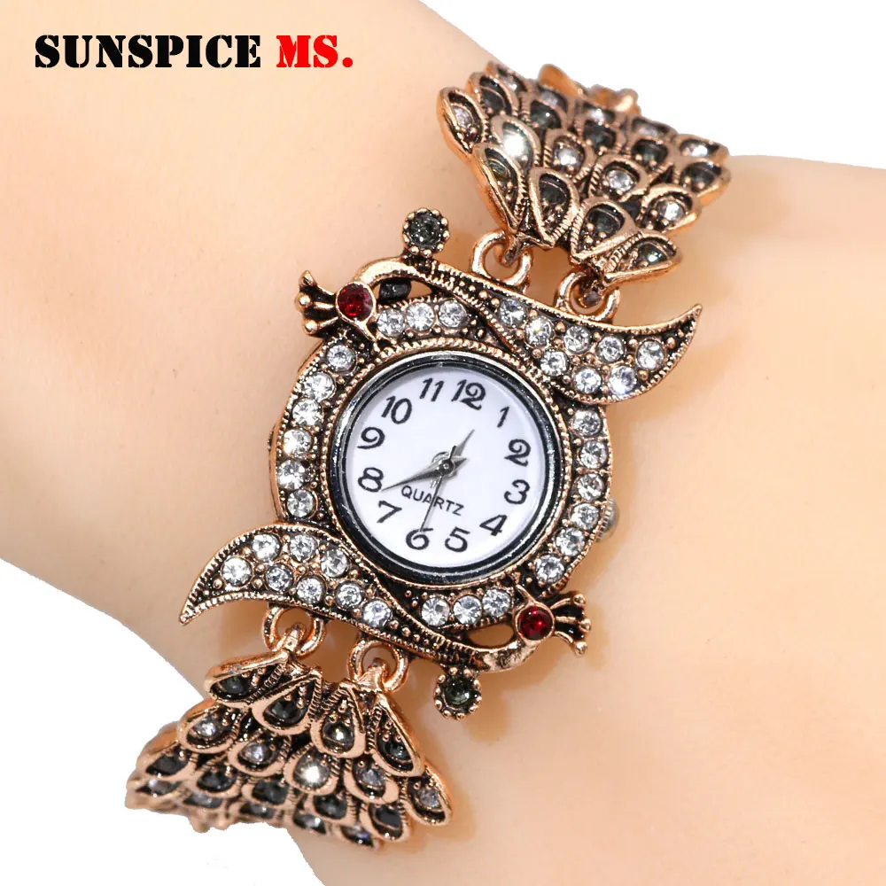 SUNSPICE MS Ethnic Indian Peacock Charm Bracelet Wrist Watch For Women Antique Gold Color Ladies Party Cuff Jewelry Wholesale