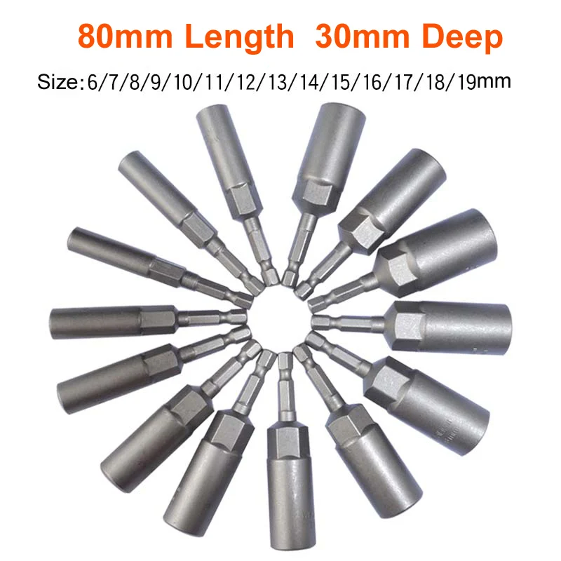 14pcs/set 80mm 1/4 Inch deepen Hex Socket Nut Driver Setter 6mm-19mm Drill Bit Adapter Drill Bit For Electric Screwdriver