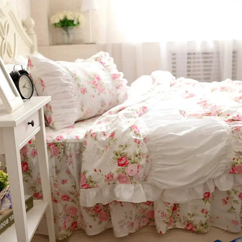 Design Handmade craft Bedding Set Rustic Garden Rose Ruffle Duvet Cover Princess Quilt Cover Elegant Bedspread Bed Sheet Bedding