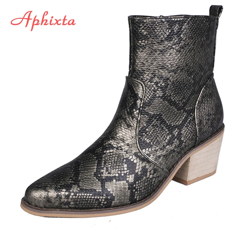 

Aphixta Ankle Boots Woman Snake Print Cross-tie Zipper Hoof High Heels Short Boots Pointed Toe Winter Boots Shoes Woman Shoe