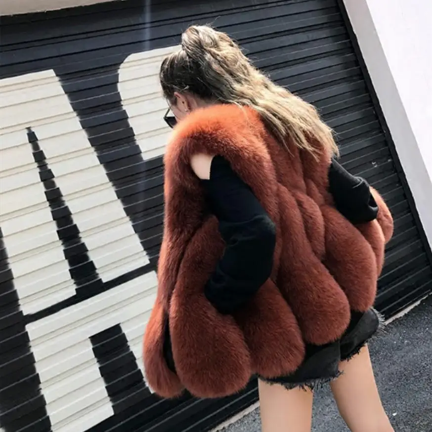 

XS-4XL fashion Winter Women Luxury Faux Fox Fur Vest Coat Thicker Warm Sleeveless Waistcoat Fake Fur Outerwear Feminino L1716