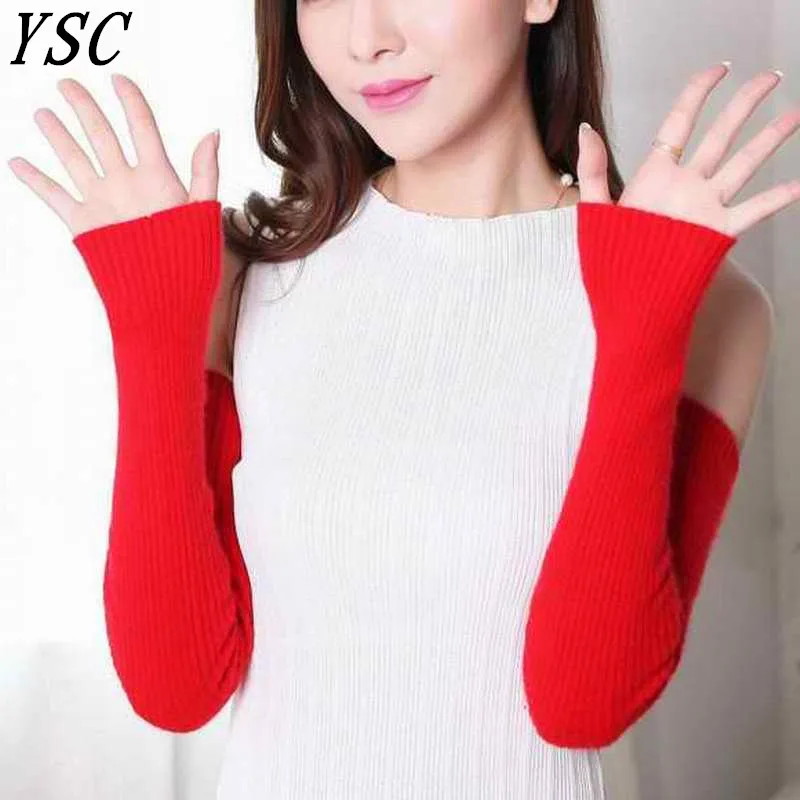 YSC Hot Sales women\'s Cashmere knitted female gloves 40cm 50cm 60 cm long arm Finger hole style High Quality Warm arm protection