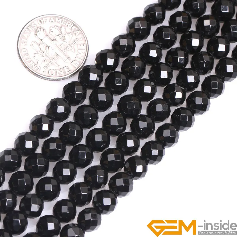 Round Faceted(32 Faces) AA Grade Black Agates Natural Stone DIY Beads For Jewelry Making Strand 15Inches