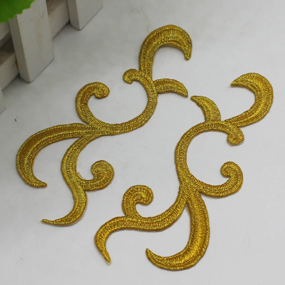 1 Pairs Gold Embroidered Patches Iron On Lace Applique Gold Cosplay Costumes Trims Mirror Pair 10.5CM*4.5CM