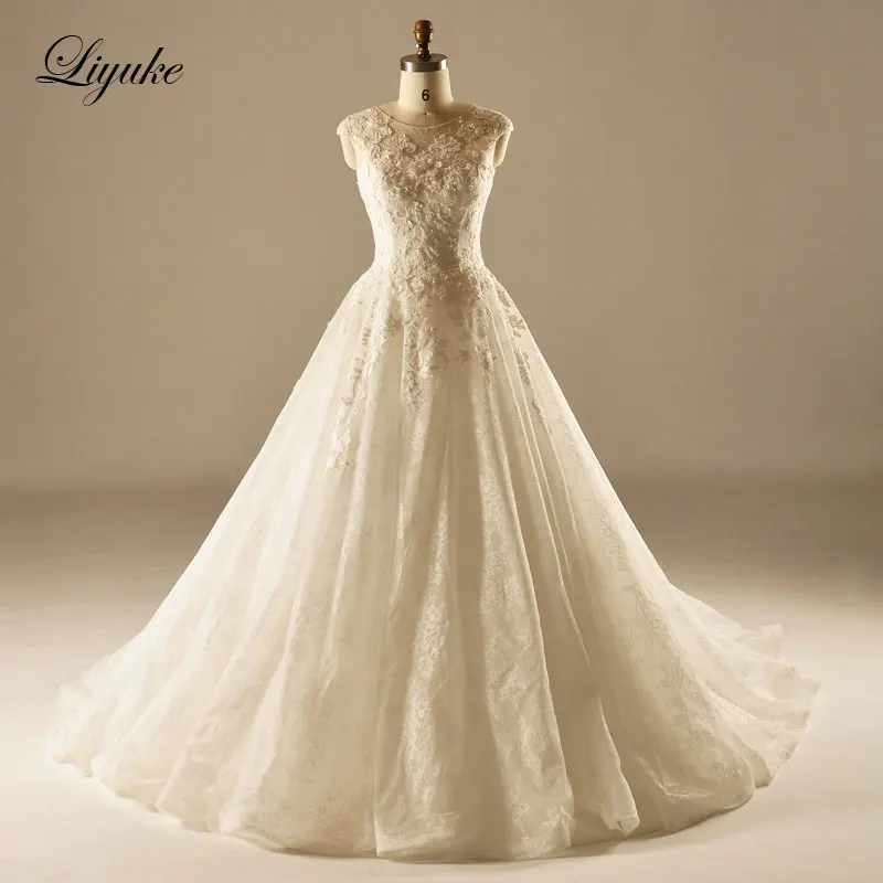 

Elegant Tulle O-Neck A-Line Wedding Dress Satin Beautiful Appliques Lace Buttons Back Bride Dress Vestido De Noiva Liyuke