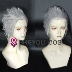 Vergil-peluca corta plateada para Cosplay, pelo cortado en la espalda, resistente al calor, Disfraces de Halloween Cos, pelucas de pelo + gorro de peluca