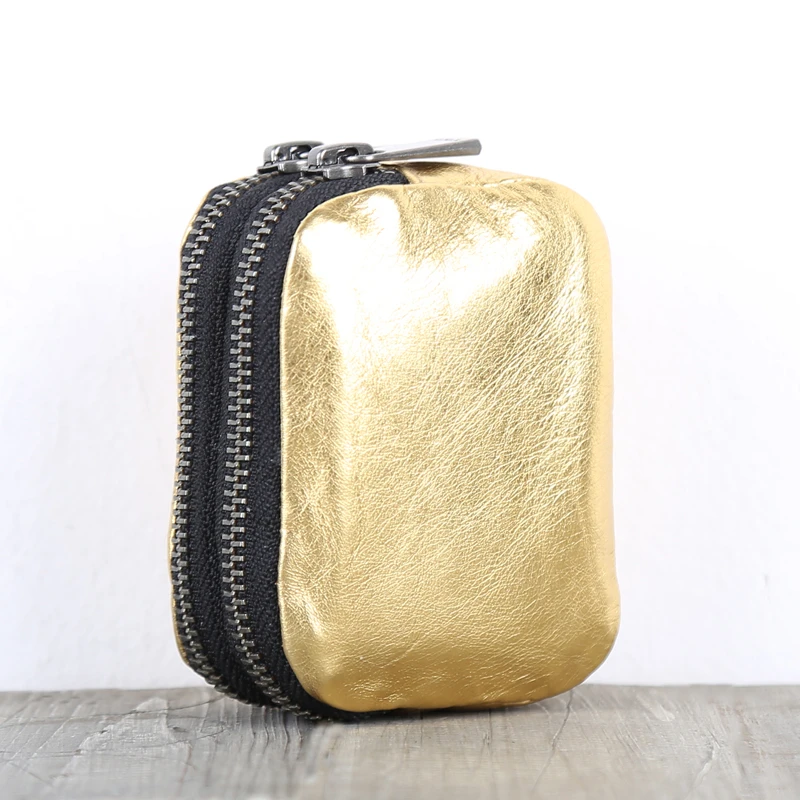 Double Zipper Coin Purses Ladies Genuine Leather Luxury Gold Credit Card Wallet Men Key Pouch Cowhide Storage Bag