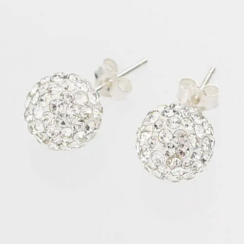 High Quality 8mm Clear Austrian Rhinestone Pave Disco Ball Earring Genuine 925 Sterling Silver Stud Earrings SSCE8mmA