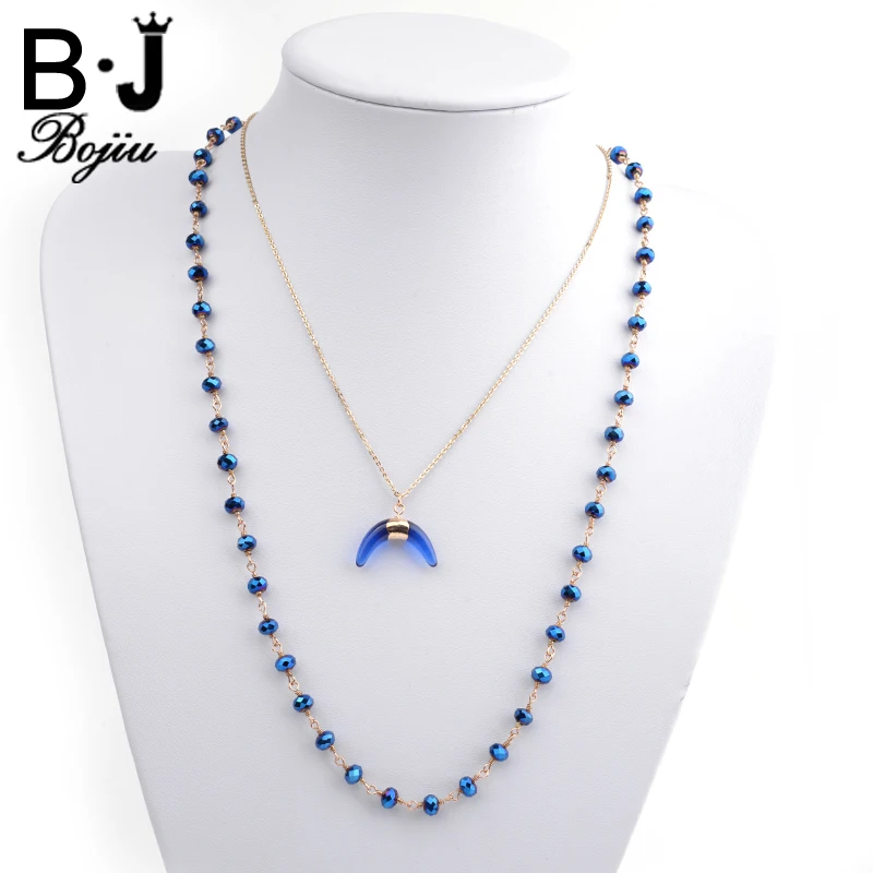 BOJIU Pendant Necklace Crystal Beaded 2 Layers Chain Necklace Romantic Trendy Girl Crescent Necklaces With Copper Chain NKS087