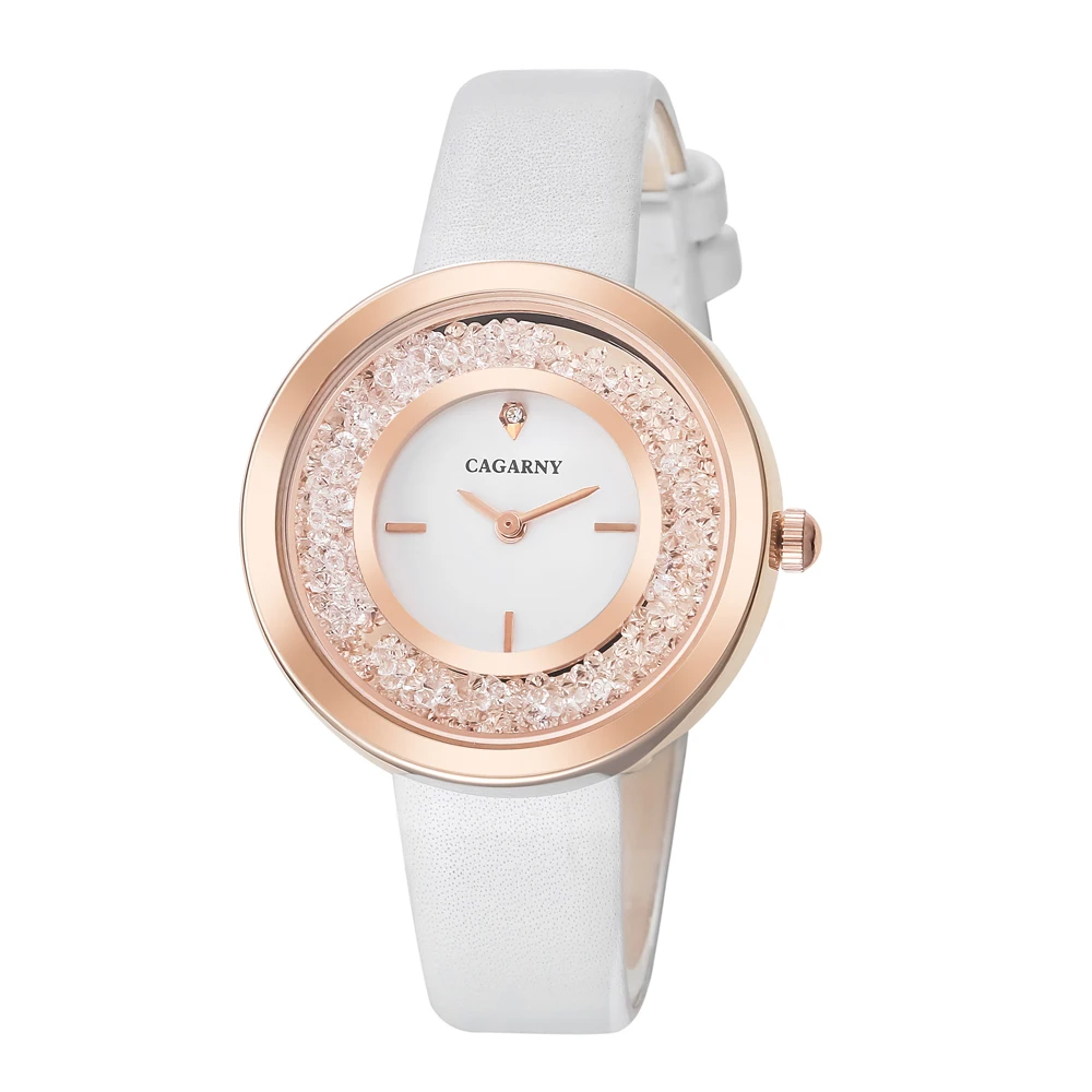 Luxury Brand Cagarny Quartz Watch For Women Fashion Ladies Watches Rose Gold Case Vogue Leather Shining Crystal Reloj Mujer 2018