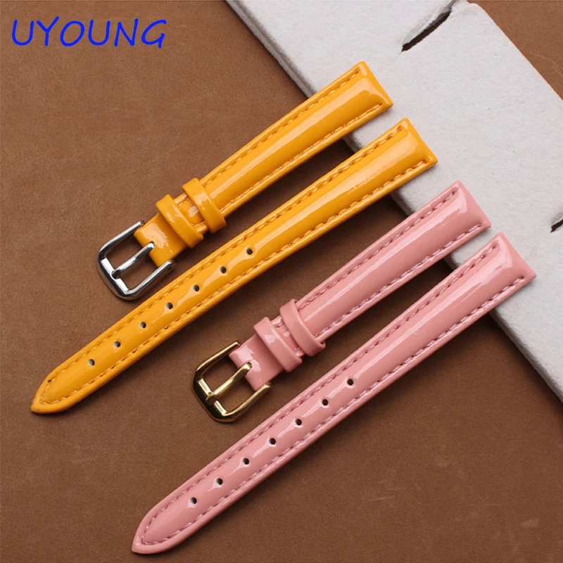 Small Size cowhide Watchbands 12mm 14mm 16mm Colour High light watch Bracelet For Women glossy leather Strap